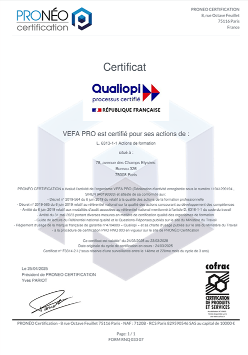 Certificat VEFA PRO